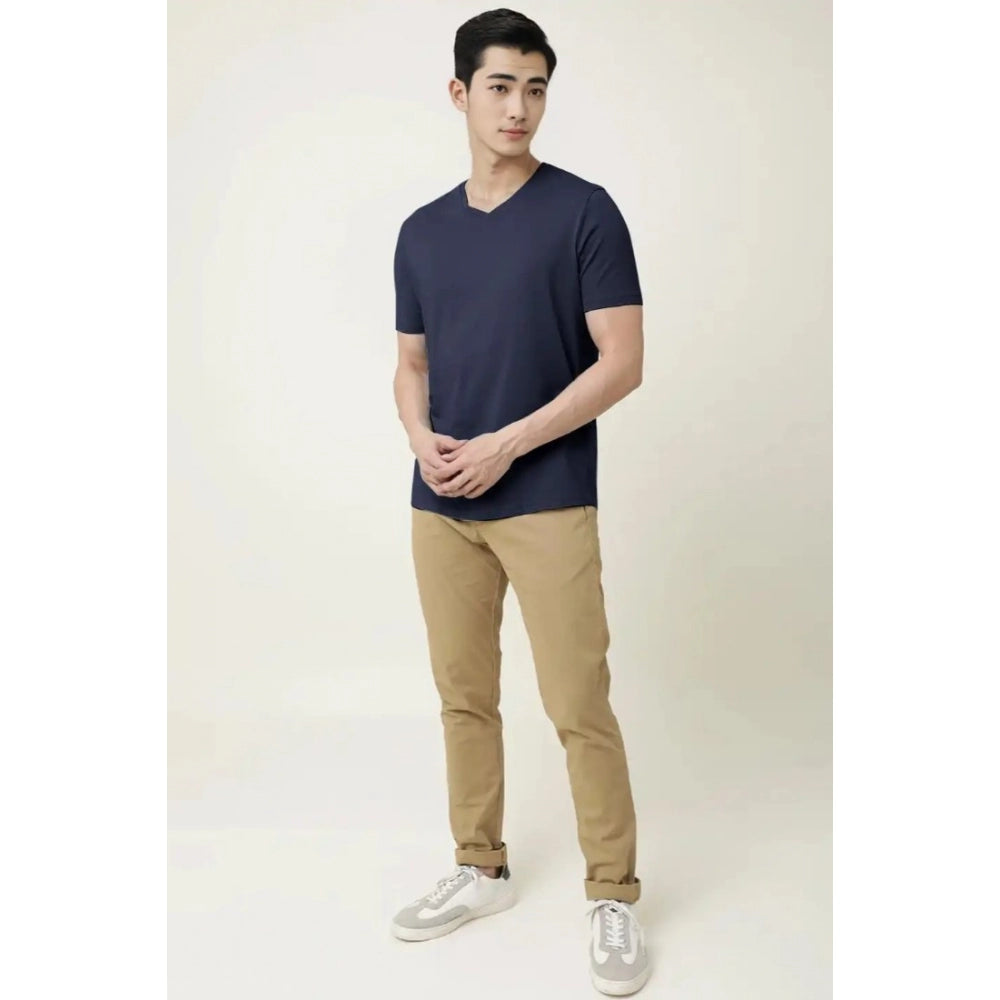 Men's Casual Half sleeve Solid Cotton V Neck T-shirt (Navy)