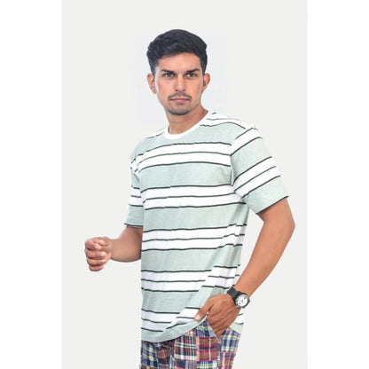 Men's Casual Half sleeve Stripped Cotton Crew Neck T-shirt (White )