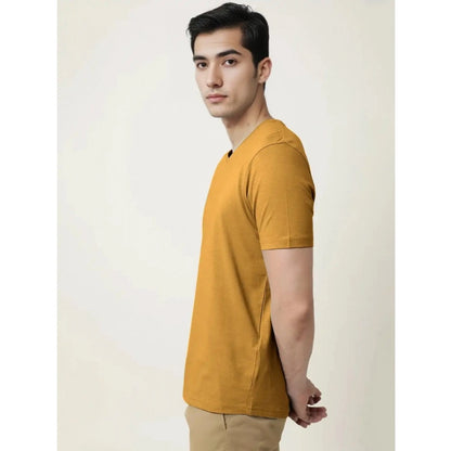 Men's Casual Half sleeve Solid Cotton V Neck T-shirt (Mustard )