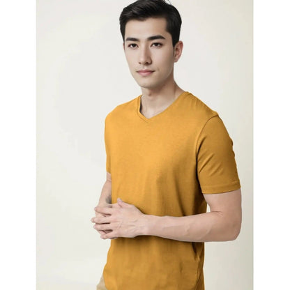 Men's Casual Half sleeve Solid Cotton V Neck T-shirt (Mustard )