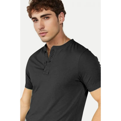 Men's Casual Half sleeve Solid Cotton Henley Neck T-shirt (Black)