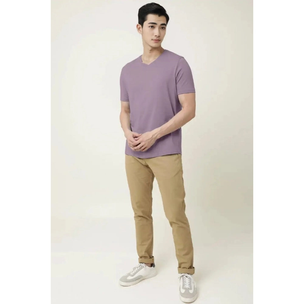 Men's Casual Half sleeve Solid Cotton V Neck T-shirt (Lavender)