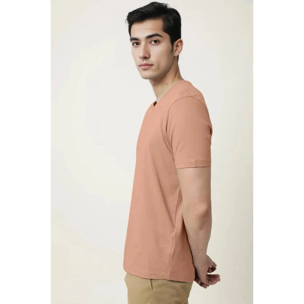 Men's Casual Half sleeve Solid Cotton V Neck T-shirt (Peach)