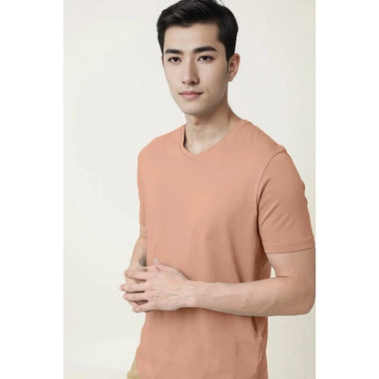 Men's Casual Half sleeve Solid Cotton V Neck T-shirt (Peach)