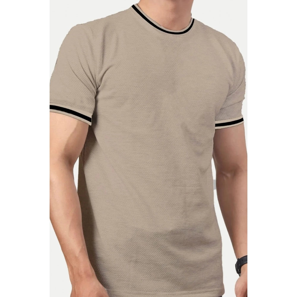 Men's Casual Half sleeve Solid Polyester Crew Neck T-shirt (Beige)