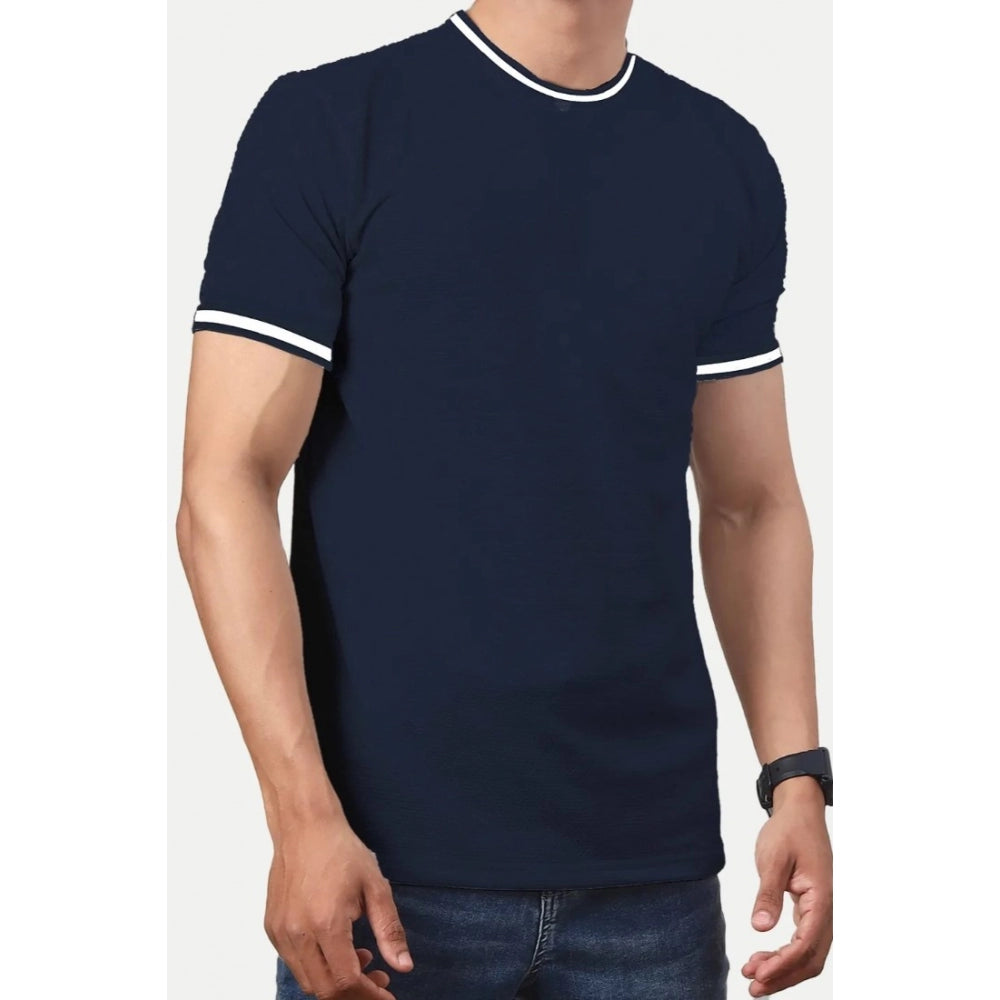 Men's Casual Half sleeve Solid Polyester Crew Neck T-shirt (Navy)