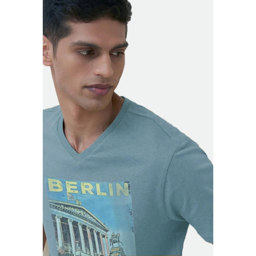 Men's Casual Half sleeve Digital Printed Cotton Crew Neck T-shirt (Teal)