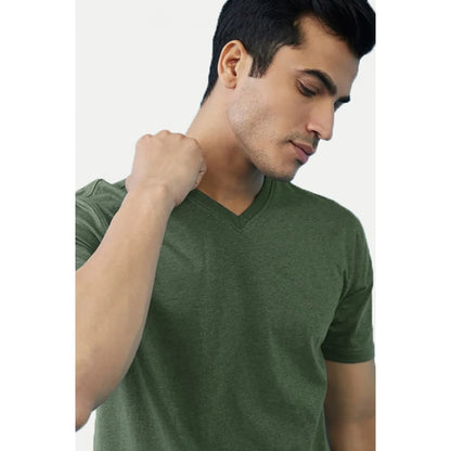 Men's Casual Half sleeve Solid Cotton V Neck T-shirt (Green)