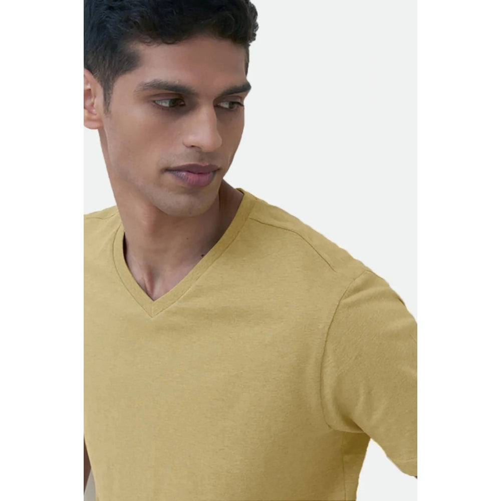 Men's Casual Half sleeve Solid Cotton V Neck T-shirt (Sand)