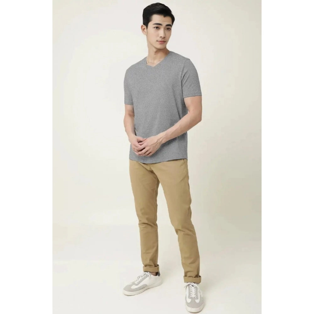 Men's Casual Half sleeve Solid Cotton V Neck T-shirt (Grey Melange)