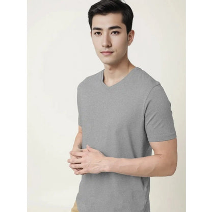 Men's Casual Half sleeve Solid Cotton V Neck T-shirt (Grey Melange)