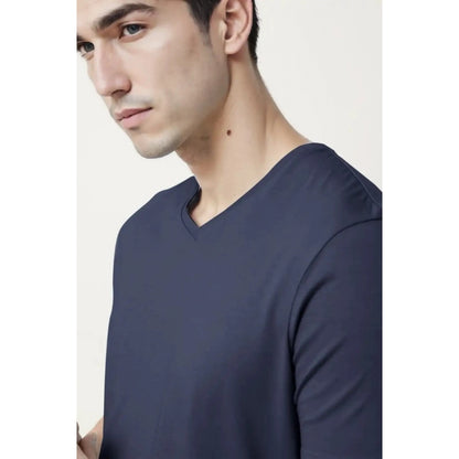 Men's Casual Half sleeve Solid Cotton V Neck T-shirt (Navy)