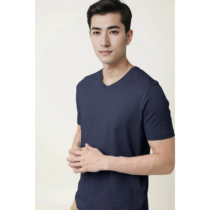 Men's Casual Half sleeve Solid Cotton V Neck T-shirt (Navy)