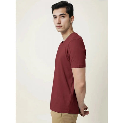 Men's Casual Half sleeve Solid Cotton V Neck T-shirt (Maroon)