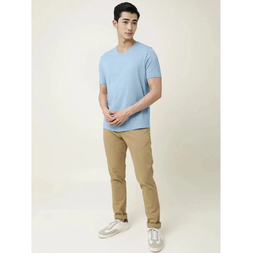 Men's Casual Half sleeve Solid Cotton V Neck T-shirt (Sky)