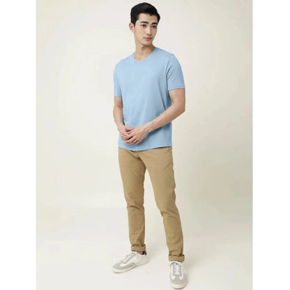 Men's Casual Half sleeve Solid Cotton V Neck T-shirt (Sky)