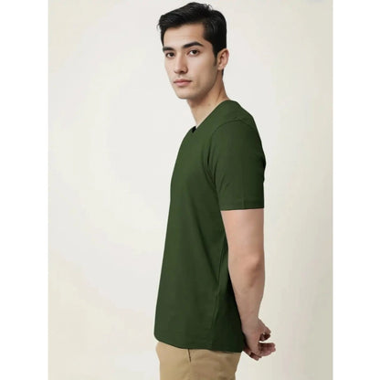 Men's Casual Half sleeve Solid Cotton V Neck T-shirt (Olive)