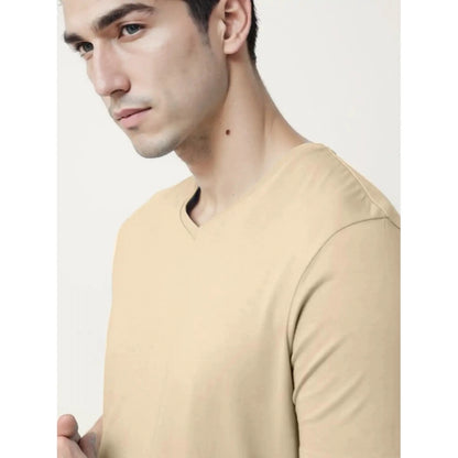 Men's Casual Half sleeve Solid Cotton V Neck T-shirt (Beige)