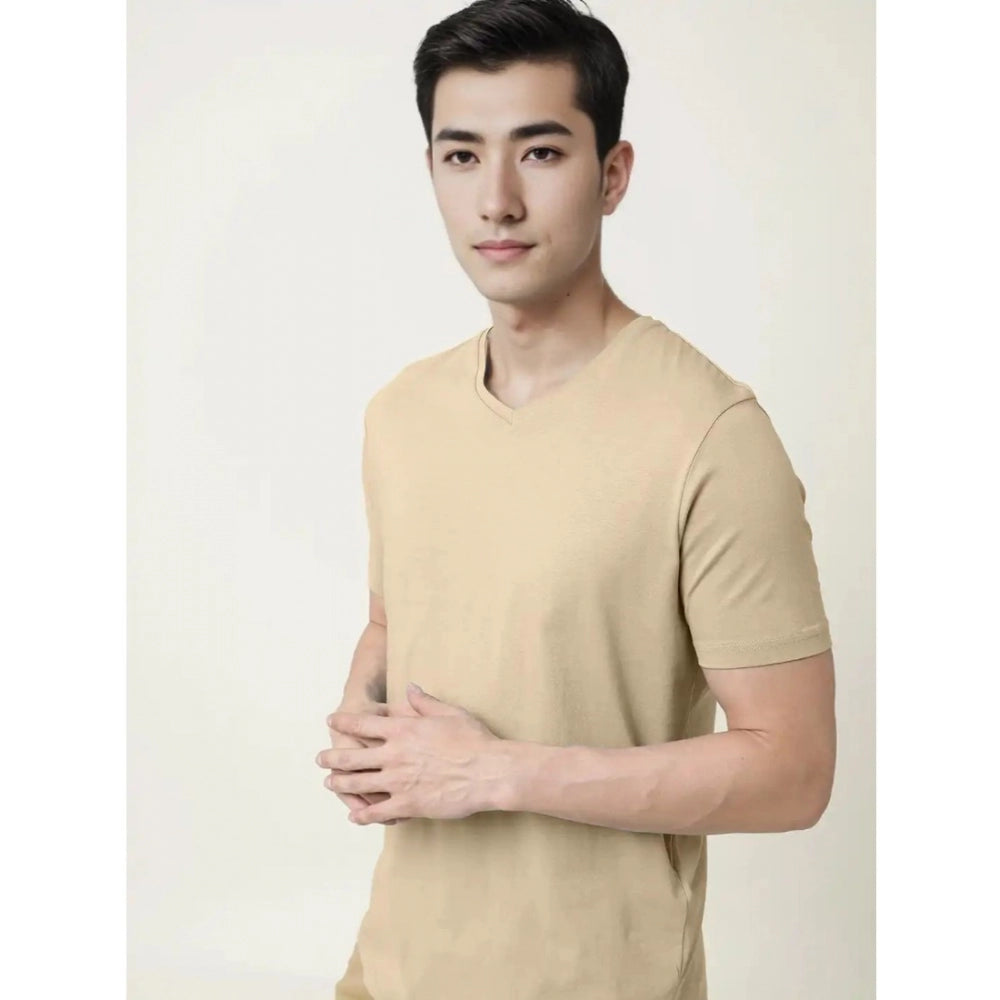 Men's Casual Half sleeve Solid Cotton V Neck T-shirt (Beige)