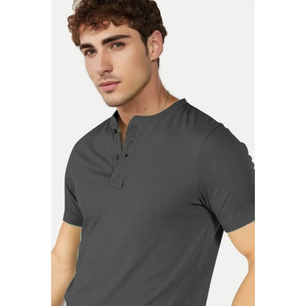 Men's Casual Half sleeve Solid Cotton Henley Neck T-shirt (Dark Grey)