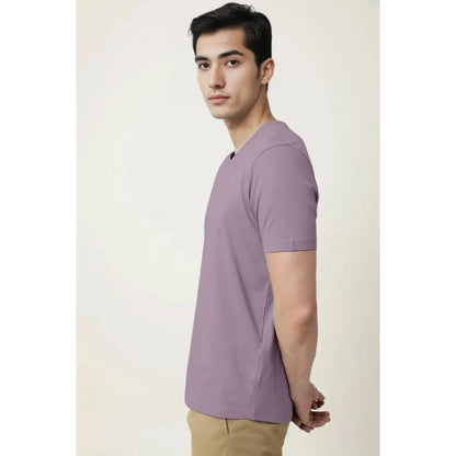 Men's Casual Half sleeve Solid Cotton V Neck T-shirt (Lavender)