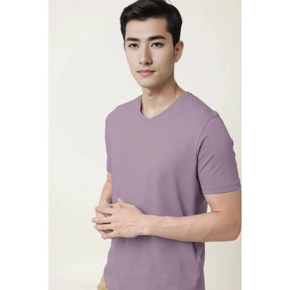 Men's Casual Half sleeve Solid Cotton V Neck T-shirt (Lavender)