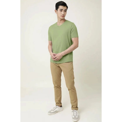 Men's Casual Half sleeve Solid Cotton V Neck T-shirt (Pista)