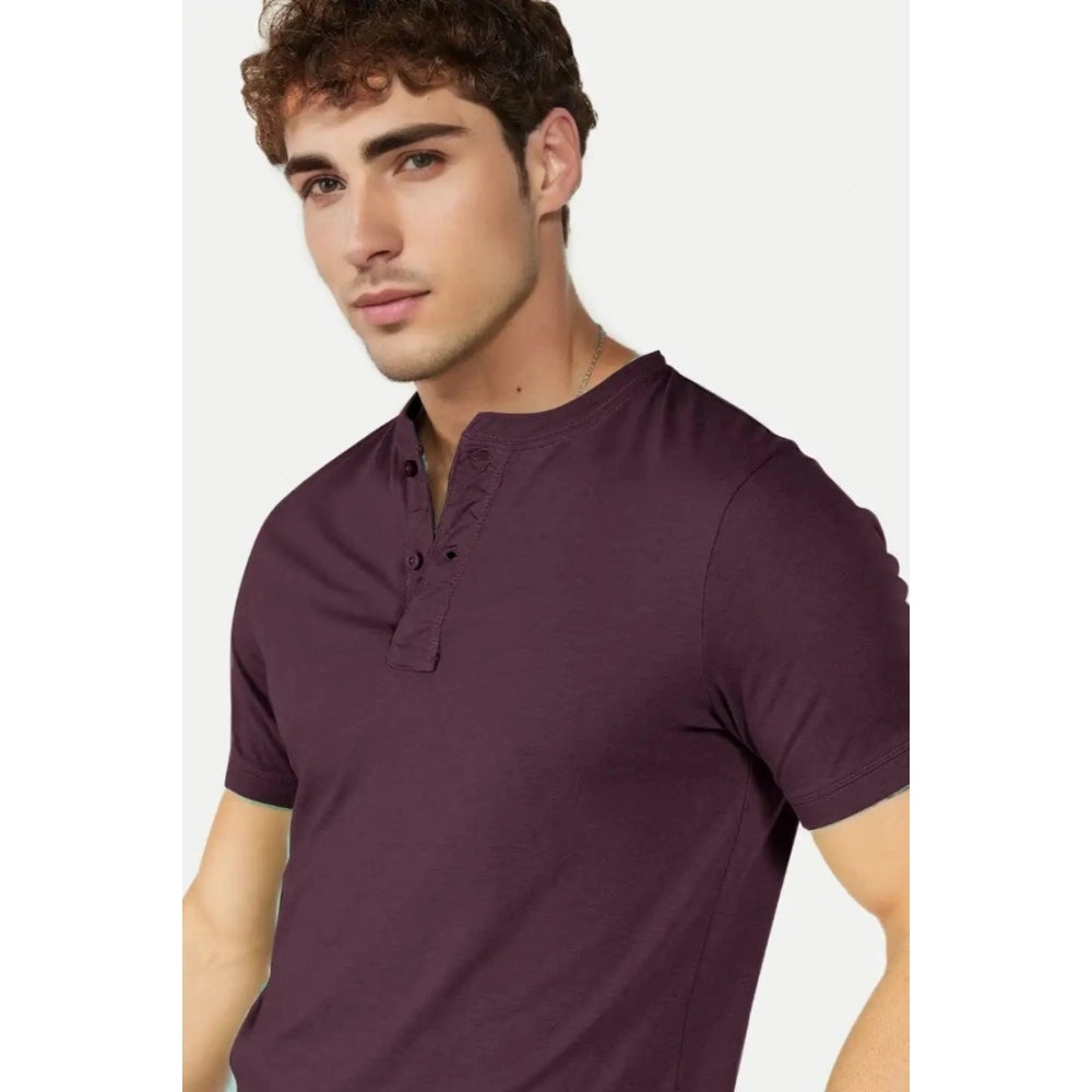 Men's Casual Half sleeve Solid Cotton Henley Neck T-shirt (Wine)