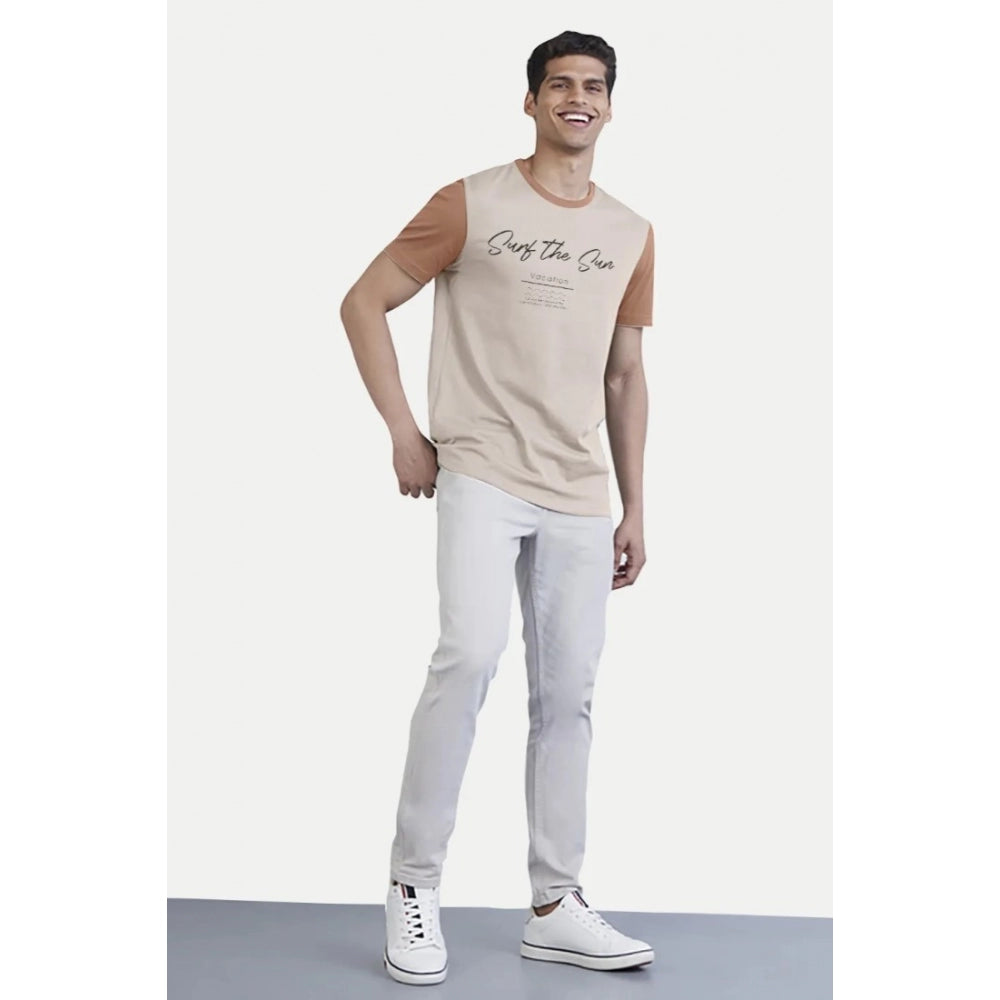 Men's Casual Half sleeve Printed Cotton Crew Neck T-shirt (Cream)