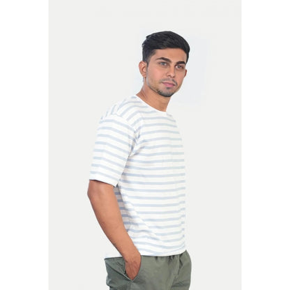 Men's Casual Half sleeve Stripped Cotton Crew Neck T-shirt (White)