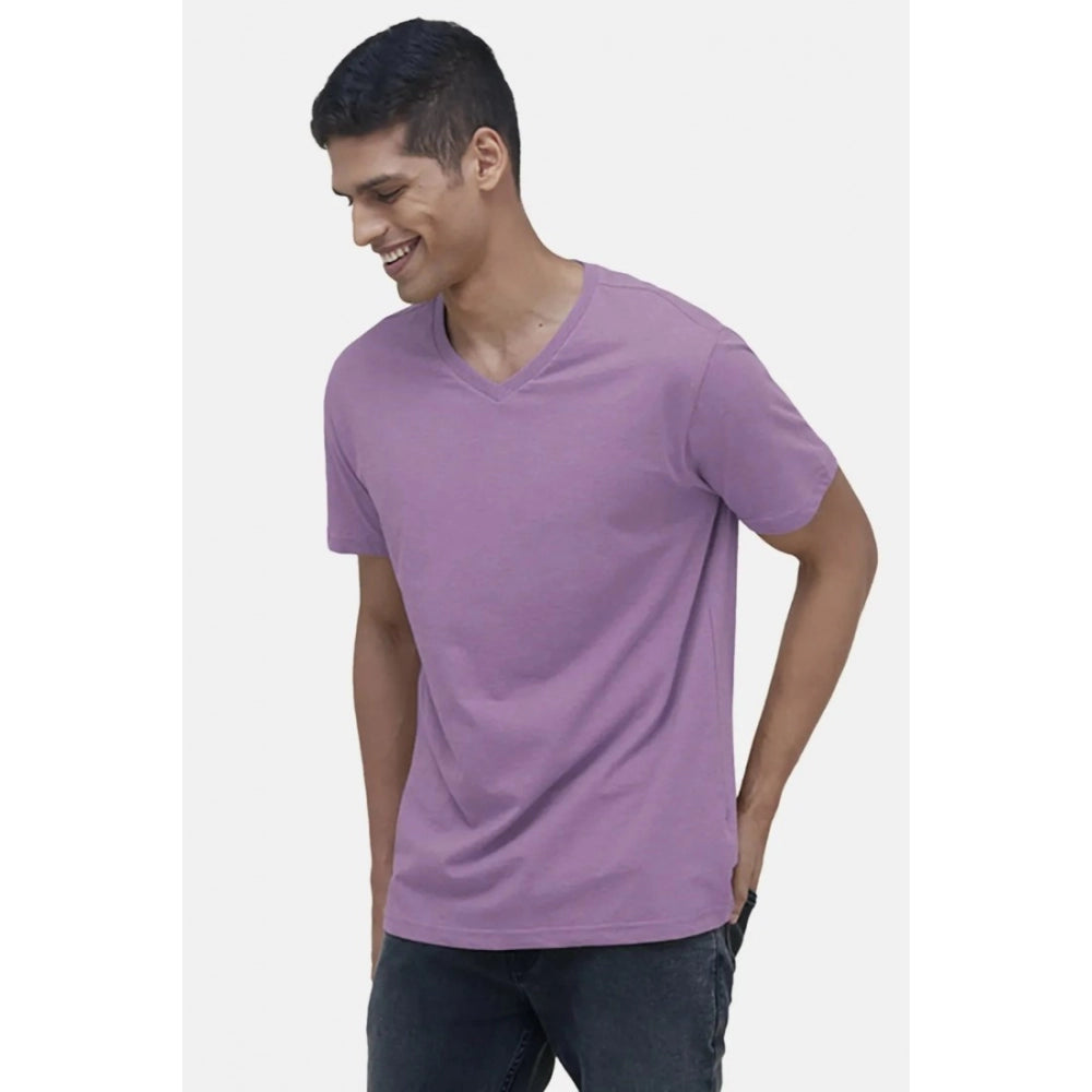 Men's Casual Half sleeve Solid Cotton V Neck T-shirt (Lilac)