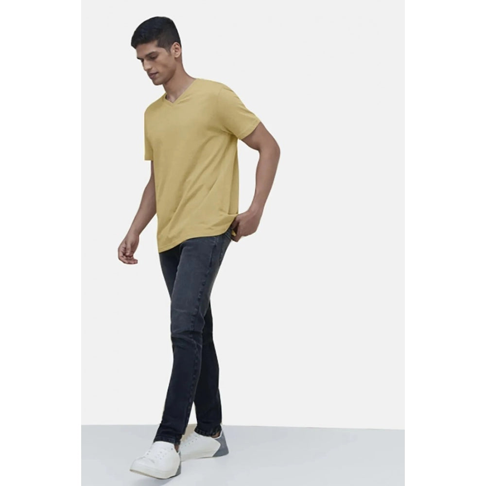 Men's Casual Half sleeve Solid Cotton V Neck T-shirt (Sand)