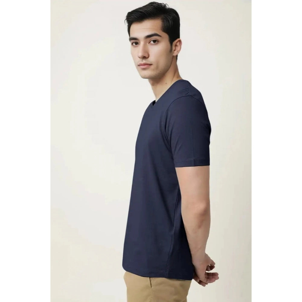 Men's Casual Half sleeve Solid Cotton V Neck T-shirt (Navy)