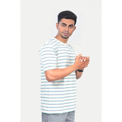 Men's Casual Half sleeve Stripped Cotton Crew Neck T-shirt (White)