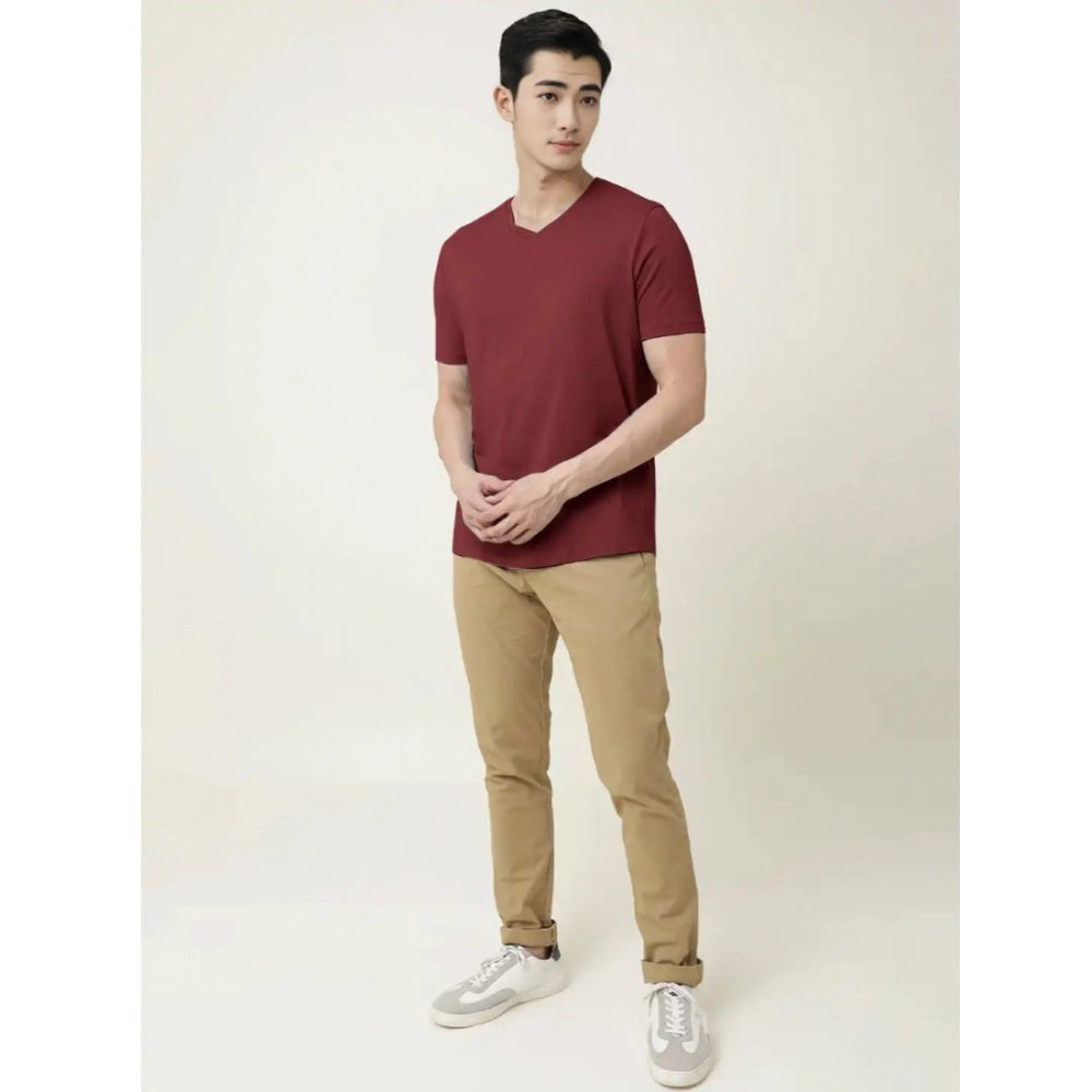 Men's Casual Half sleeve Solid Cotton V Neck T-shirt (Maroon)