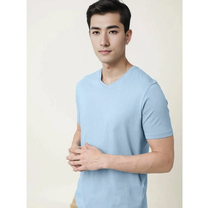 Men's Casual Half sleeve Solid Cotton V Neck T-shirt (Sky)