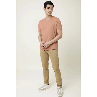 Men's Casual Half sleeve Solid Cotton V Neck T-shirt (Peach)