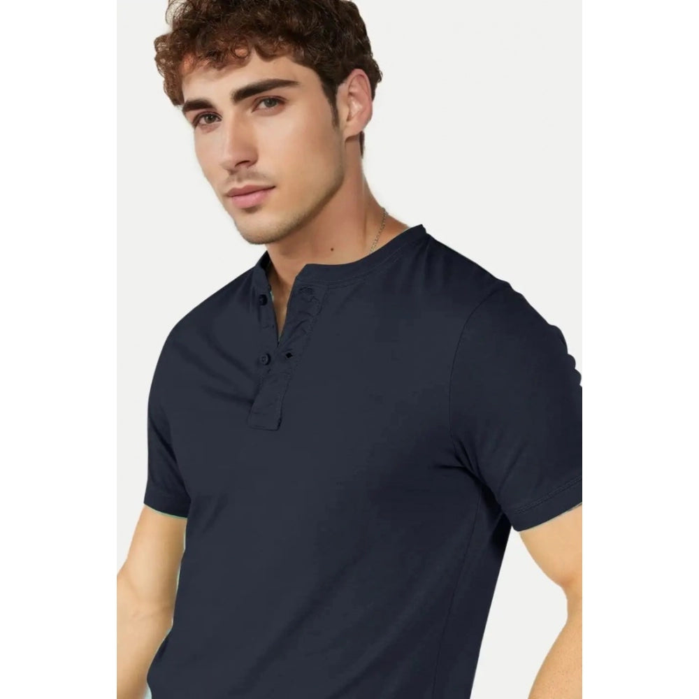 Men's Casual Half sleeve Solid Cotton Henley Neck T-shirt (Airforce)