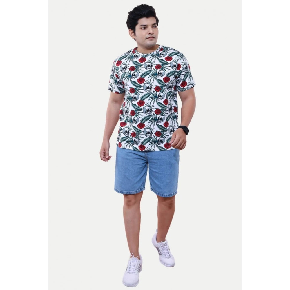 Men's Casual Half sleeve Floral Printed Cotton Crew Neck T-shirt (White)