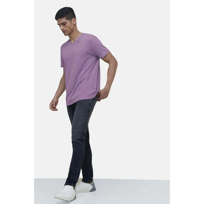 Men's Casual Half sleeve Solid Cotton V Neck T-shirt (Lilac)