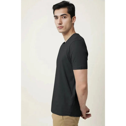 Men's Casual Half sleeve Solid Cotton V Neck T-shirt (Black)