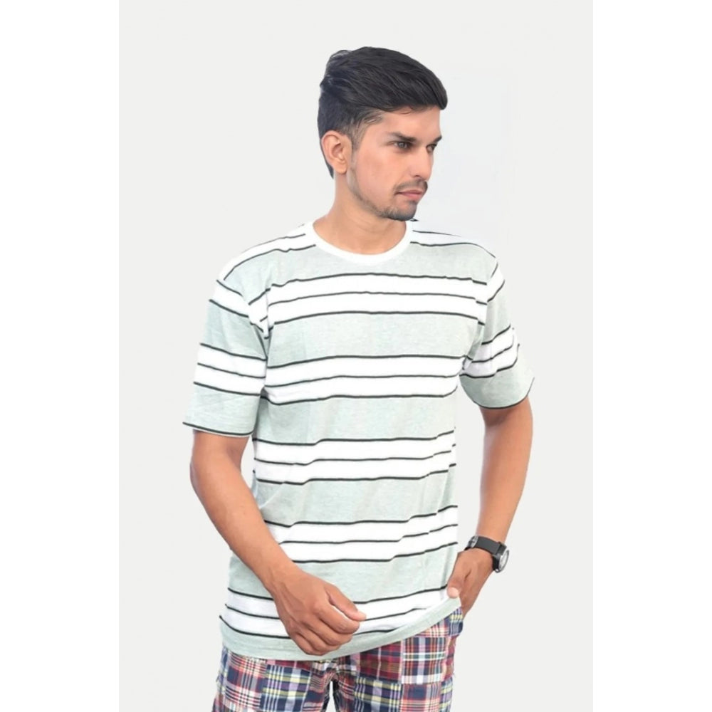 Men's Casual Half sleeve Stripped Cotton Crew Neck T-shirt (White )