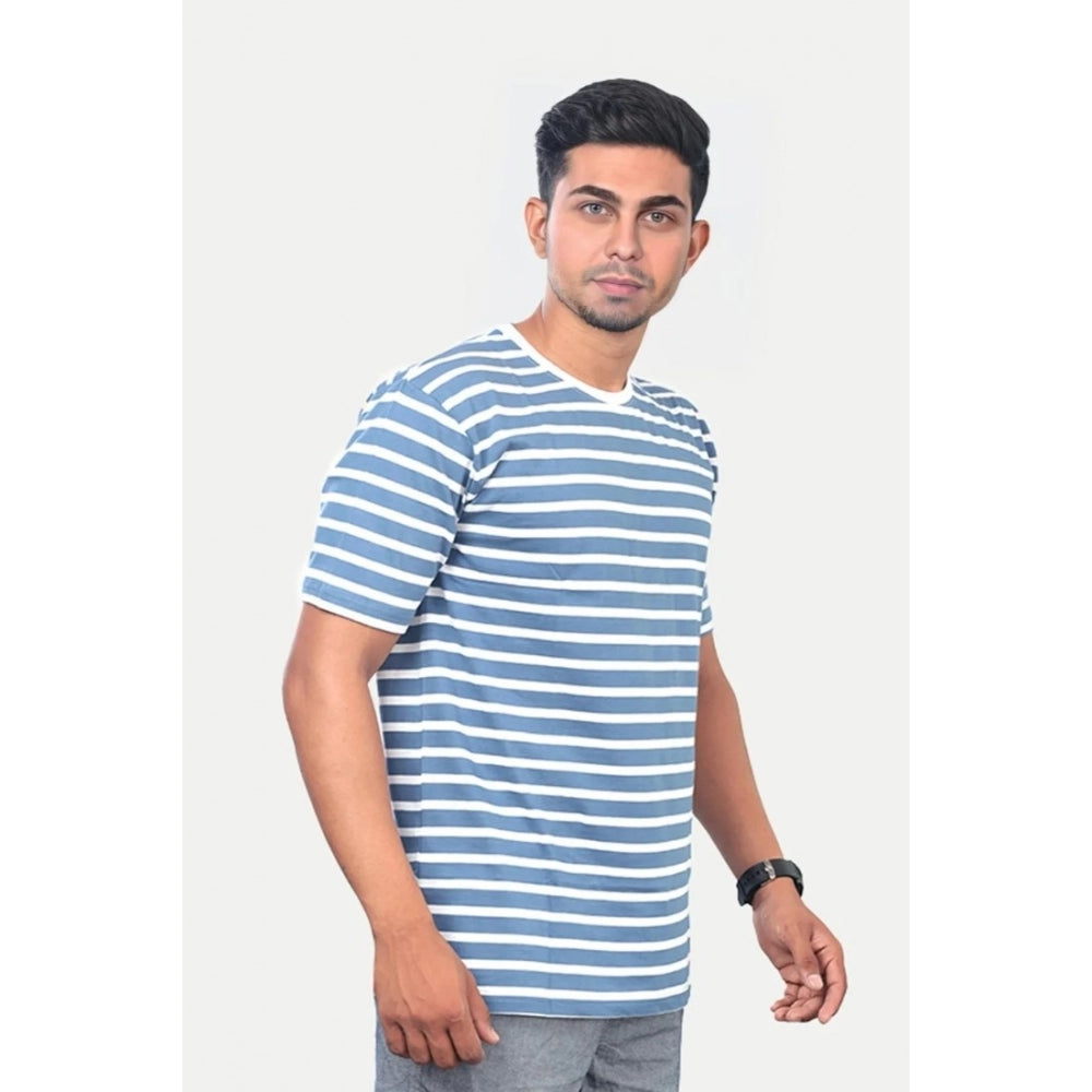 Men's Casual Half sleeve Stripped Cotton Crew Neck T-shirt (Blue)