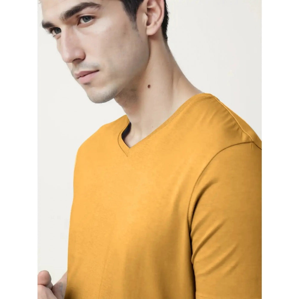 Men's Casual Half sleeve Solid Cotton V Neck T-shirt (Mustard )