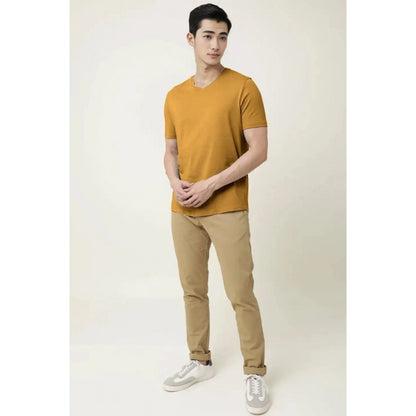 Men's Casual Half sleeve Solid Cotton V Neck T-shirt (Mustard )