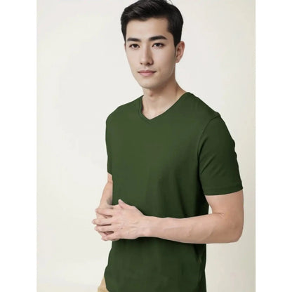 Men's Casual Half sleeve Solid Cotton V Neck T-shirt (Olive)