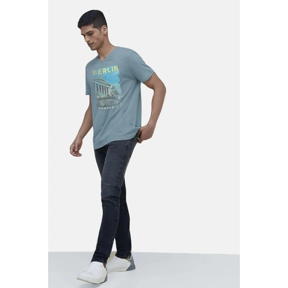 Men's Casual Half sleeve Digital Printed Cotton Crew Neck T-shirt (Teal)