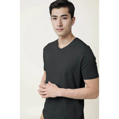 Men's Casual Half sleeve Solid Cotton V Neck T-shirt (Black)