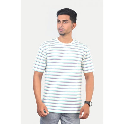 Men's Casual Half sleeve Stripped Cotton Crew Neck T-shirt (White)