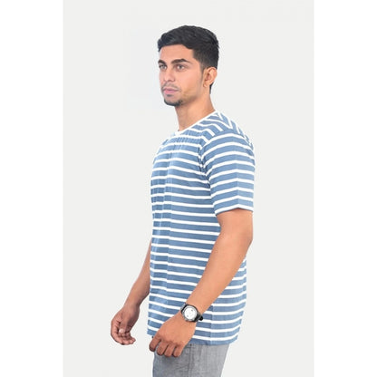 Men's Casual Half sleeve Stripped Cotton Crew Neck T-shirt (Blue)